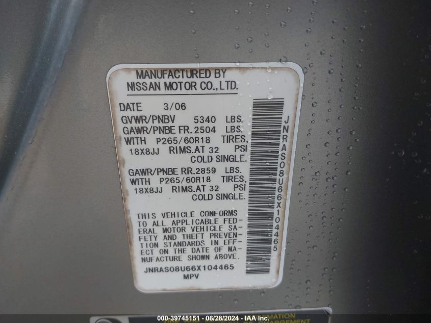 2006 Infiniti Fx35 VIN: JNRAS08U66X104465 Lot: 39745151