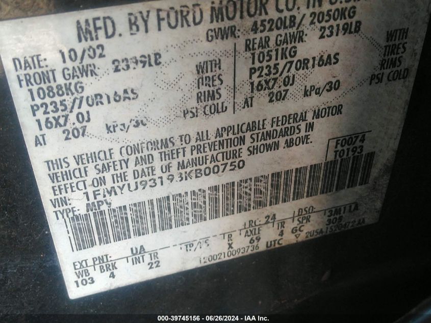 2003 Ford Escape Xlt VIN: 1FMYU93193KB00750 Lot: 39745156