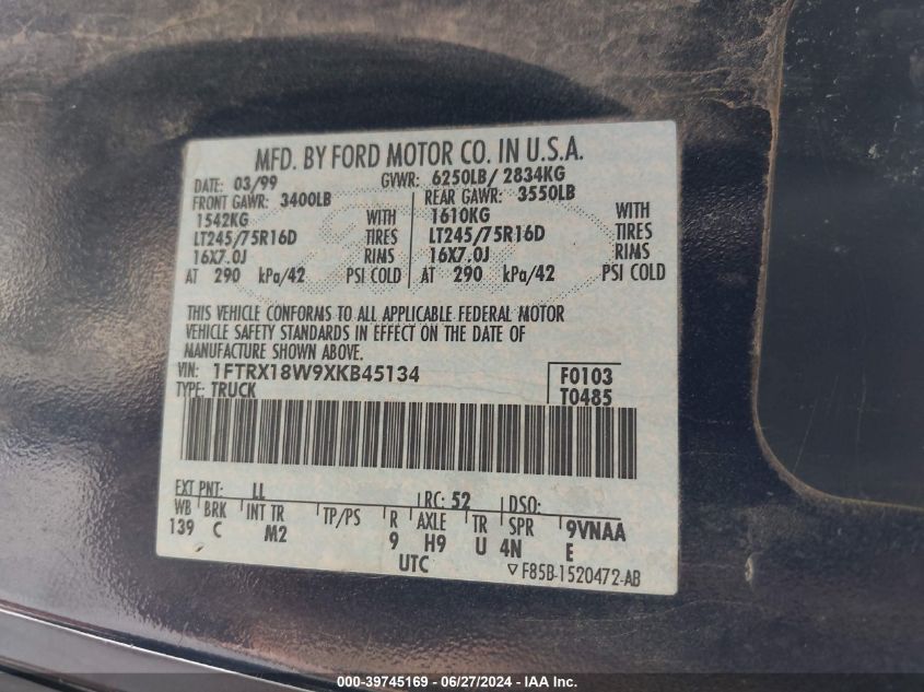 1999 Ford F-150 Lariat/Work Series/Xl/Xlt VIN: 1FTRX18W9XKB45134 Lot: 39745169
