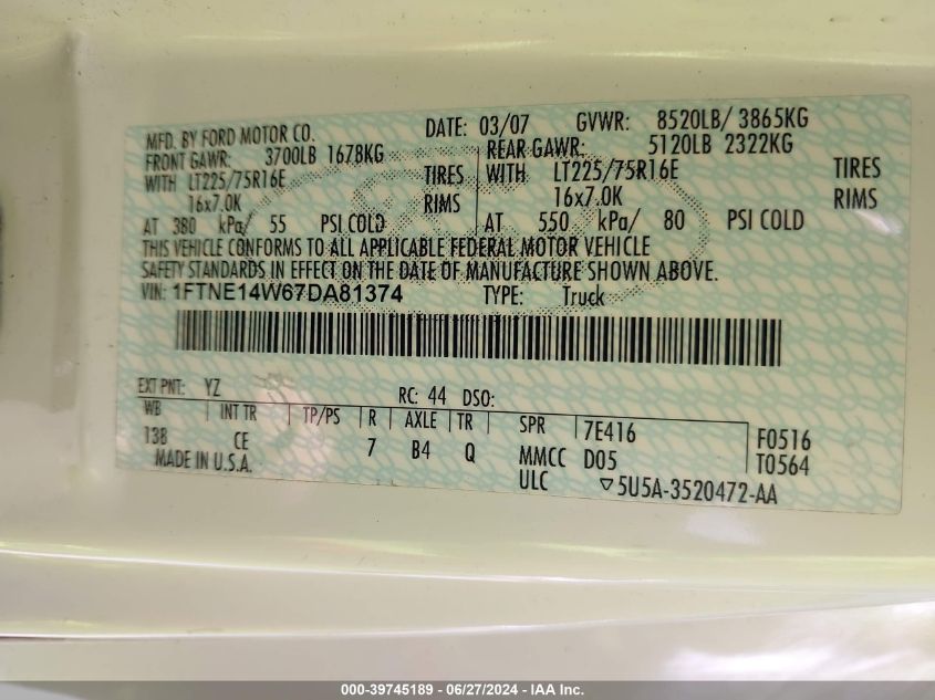 2007 Ford E-150 Commercial/Recreational VIN: 1FTNE14W67DA81374 Lot: 39745189