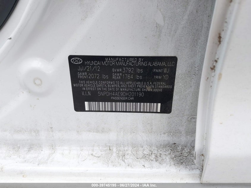 2013 Hyundai Elantra Gls/Limited VIN: 5NPDH4AE9DH201190 Lot: 39745195