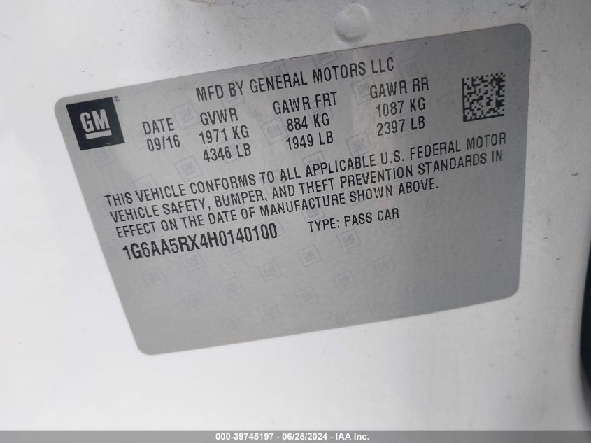 2017 Cadillac Ats Standard VIN: 1G6AA5RX4H0140100 Lot: 39745197