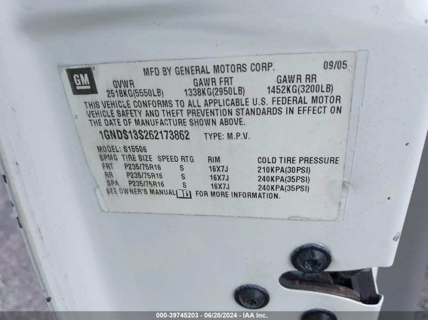 2006 Chevrolet Trailblazer Ls VIN: 1GNDS13S262173862 Lot: 39745203