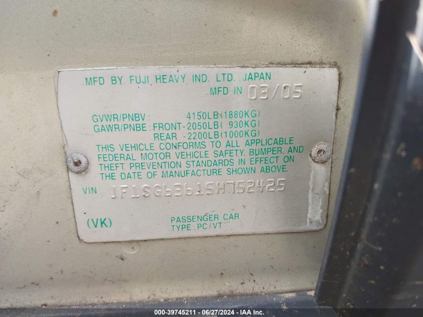 2005 Subaru Forester 2.5X VIN: JF1SG63615H752425 Lot: 39745211