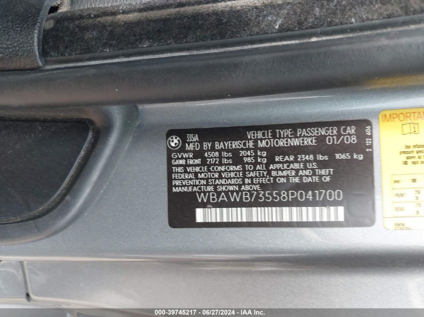2008 BMW 335I VIN: WBAWB73558P041700 Lot: 39745217
