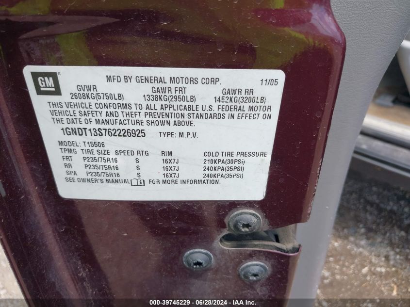 2006 Chevrolet Trailblazer Ls VIN: 1GNDT13S762226925 Lot: 39745229