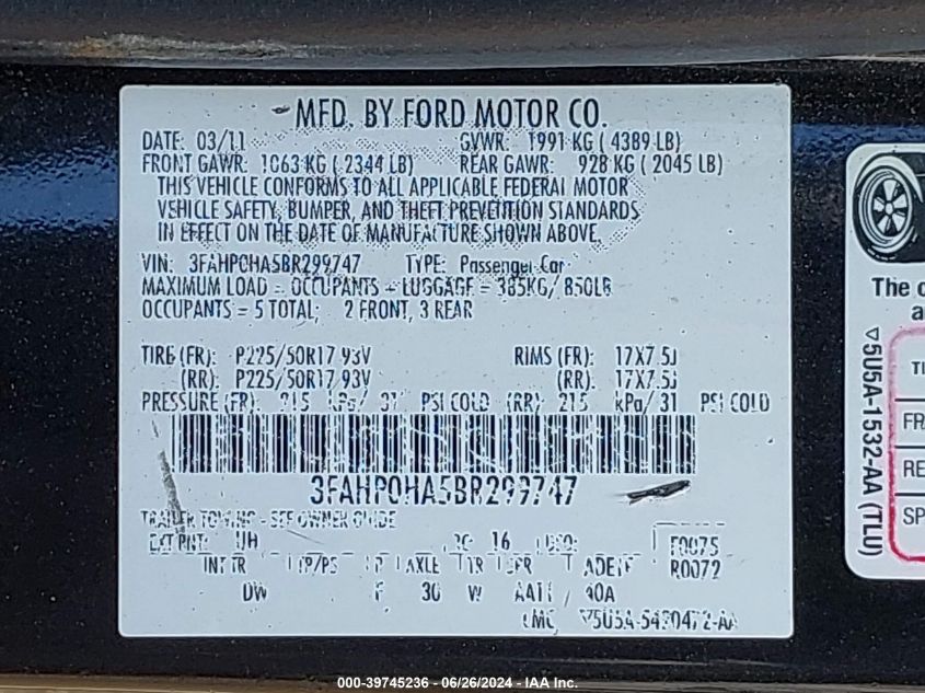 2011 Ford Fusion Se VIN: 3FAHP0HA5BR299747 Lot: 39745236