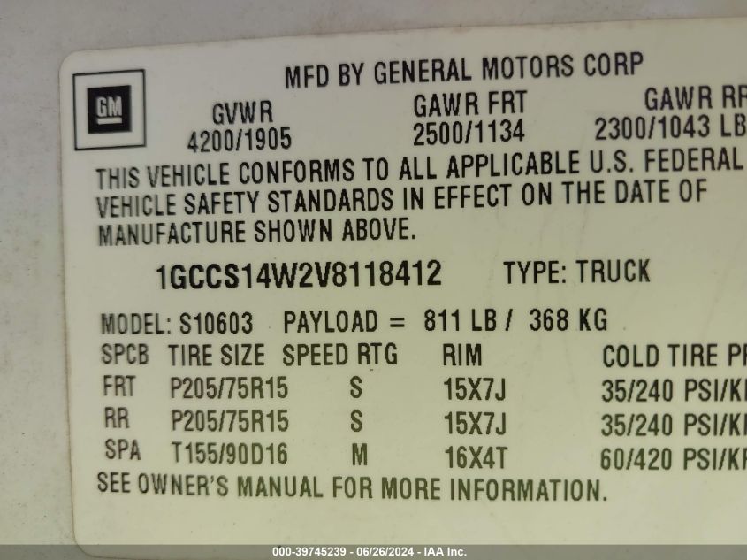 1GCCS14W2V8118412 | 1997 CHEVROLET S-10