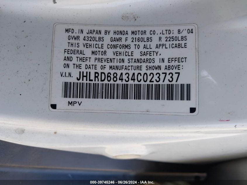 2004 Honda Cr-V Lx VIN: JHLRD68434C023737 Lot: 39745246