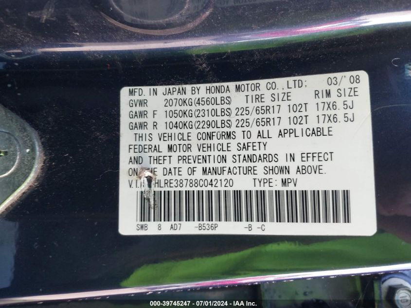 2008 Honda Cr-V Ex-L VIN: JHLRE38788C042120 Lot: 39745247