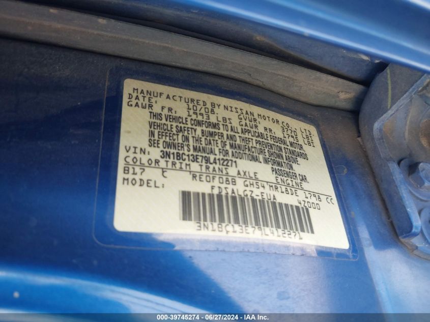 2009 Nissan Versa 1.8Sl VIN: 3N1BC13E79L412271 Lot: 39745274