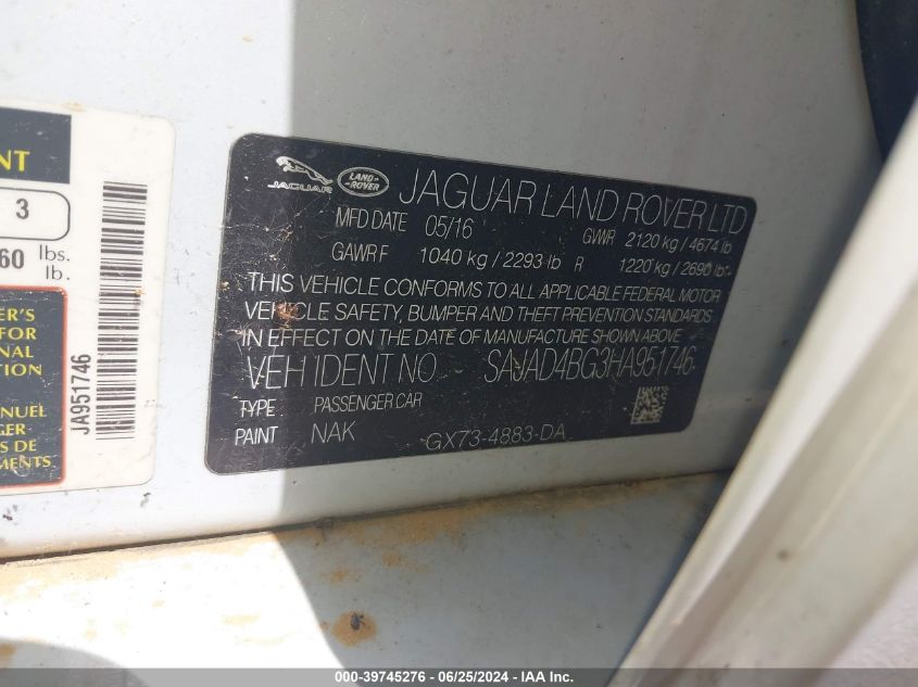 2017 Jaguar Xe 25T Premium VIN: SAJAD4BG3HA951746 Lot: 39745276