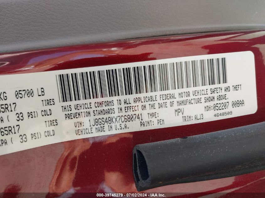 2007 Jeep Grand Cherokee Laredo VIN: 1J8GS48KX7C680741 Lot: 39745279