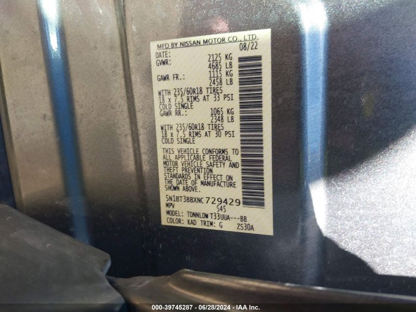 2022 Nissan Rogue Sv VIN: 5N1BT3BBXNC729429 Lot: 39745287