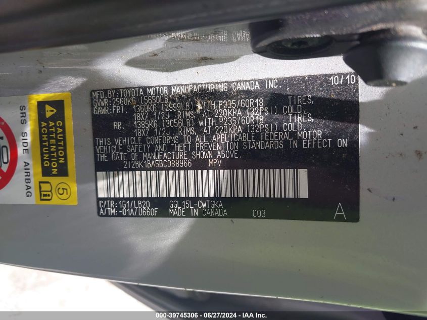 2011 Lexus Rx 350 VIN: 2T2BK1BA5BC088966 Lot: 39745306