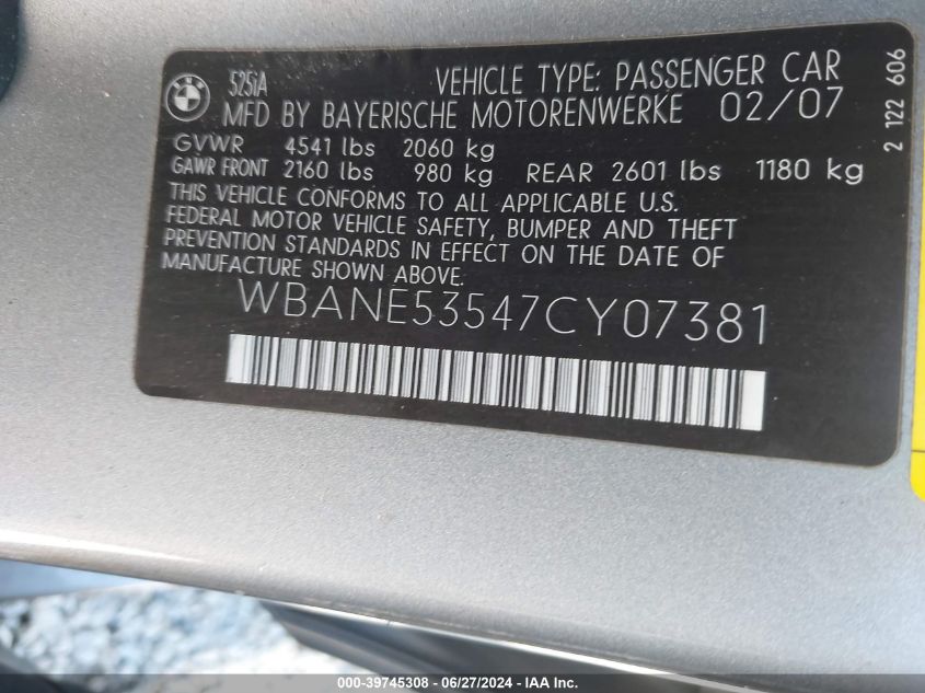 2007 BMW 525I VIN: WBANE53547CY07381 Lot: 39745308