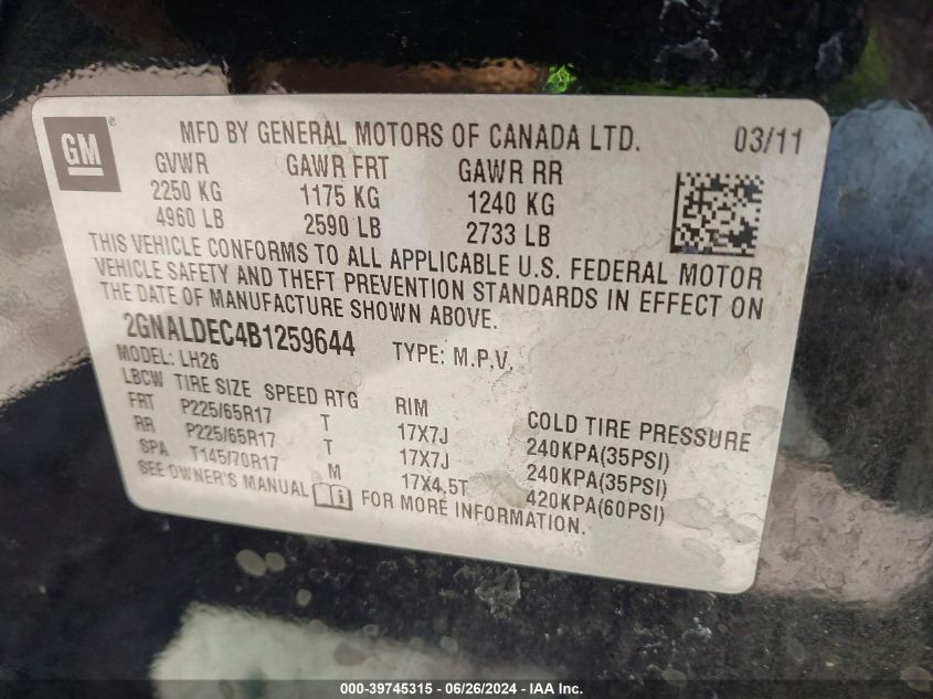 2011 Chevrolet Equinox 1Lt VIN: 2GNALDEC4B1259644 Lot: 39745315