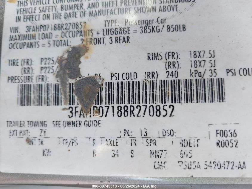 2008 Ford Fusion Se VIN: 3FAHP07188R270852 Lot: 39745318