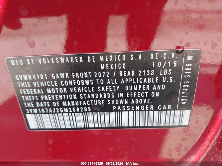 2016 Volkswagen Jetta 1.4T S VIN: 3VW167AJ2GM256289 Lot: 39745325