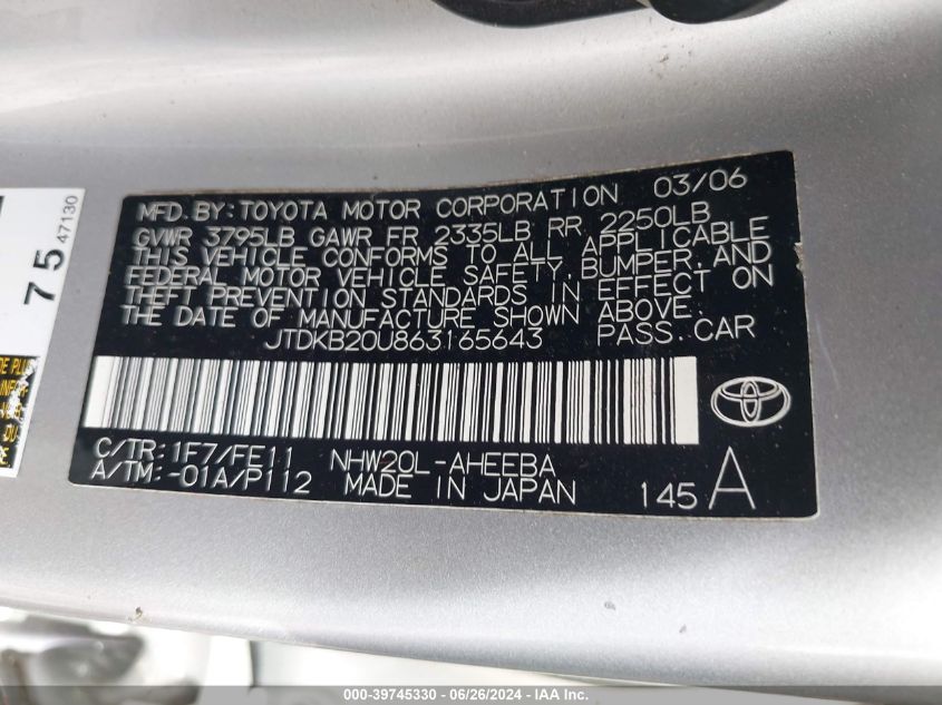 2006 Toyota Prius VIN: JTDKB20U863165643 Lot: 39745330