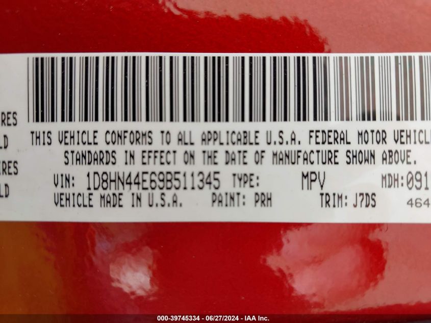 2009 Dodge Grand Caravan Se VIN: 1D8HN44E69B511345 Lot: 39745334