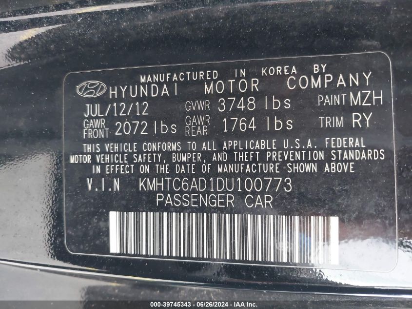 2013 Hyundai Veloster Base W/Gray VIN: KMHTC6AD1DU100773 Lot: 39745343