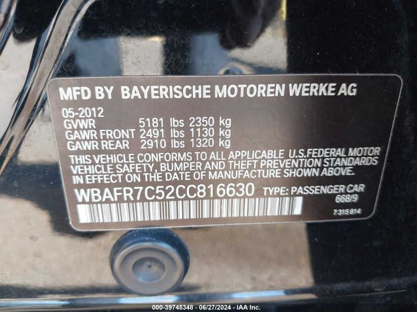 2012 BMW 535I VIN: WBAFR7C52CC816630 Lot: 39745348