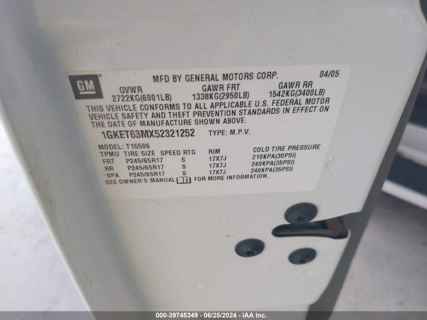 2005 GMC Envoy Denali VIN: 1GKET63MX52321252 Lot: 39745349