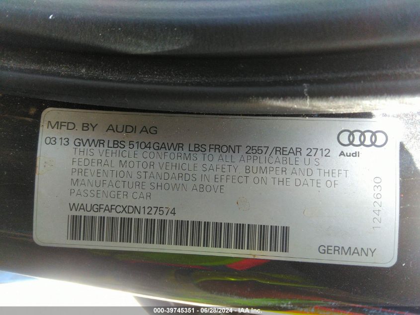 2013 Audi A6 2.0T Premium VIN: WAUGFAFCXDN127574 Lot: 39745351