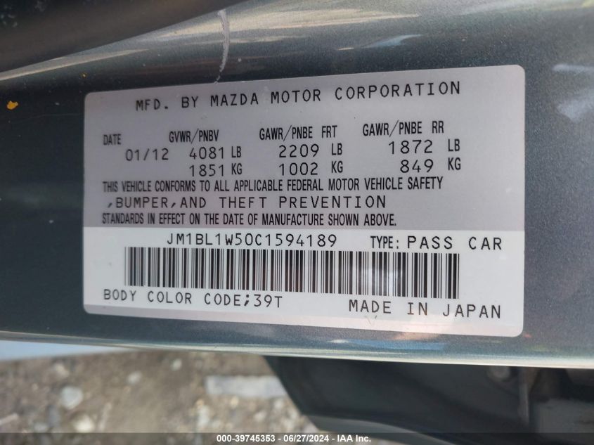 2012 Mazda 3 S VIN: JM1BL1W50C1594189 Lot: 39745353