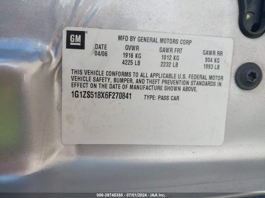 2006 Chevrolet Malibu Ls VIN: 1G1ZS518X6F270841 Lot: 39745355
