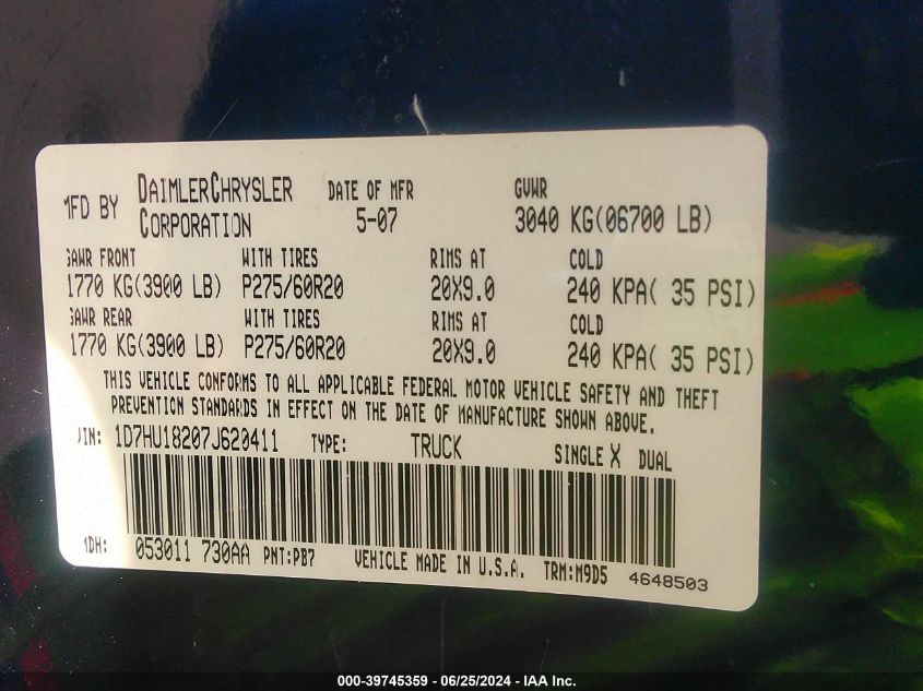 2007 Dodge Ram 1500 Slt/Trx4 Off Road/Sport VIN: 1D7HU18207J620411 Lot: 39745359