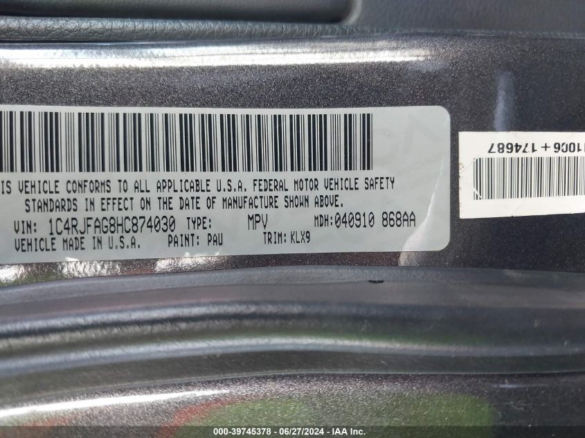 2017 Jeep Grand Cherokee Laredo VIN: 1C4RJFAG8HC874030 Lot: 39745378