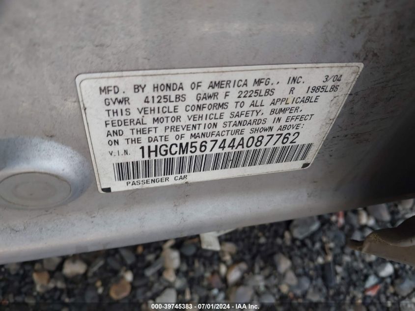 2004 Honda Accord 2.4 Ex VIN: 1HGCM56744A087762 Lot: 39745383
