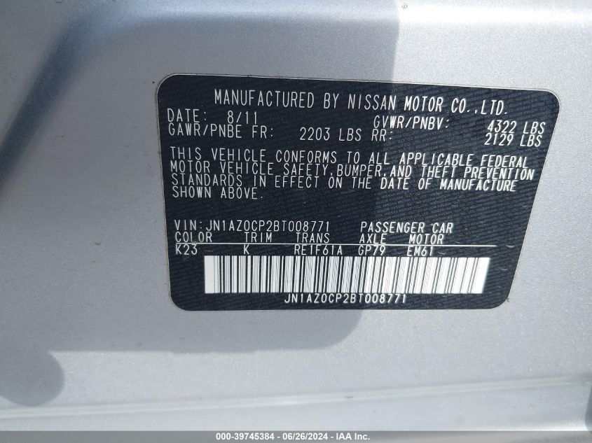 2011 Nissan Leaf Sl VIN: JN1AZ0CP2BT008771 Lot: 39745384