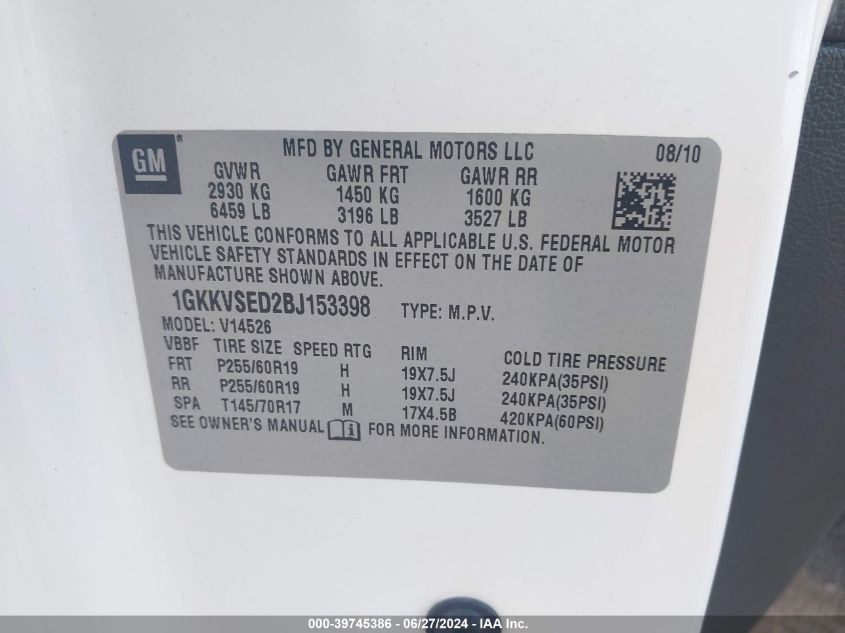 2011 GMC Acadia Slt-2 VIN: 1GKKVSED2BJ153398 Lot: 39745386