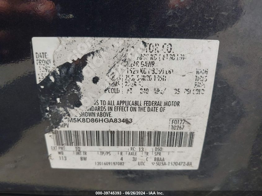 2017 Ford Explorer Xlt VIN: 1FM5K8D86HGA83463 Lot: 39745393