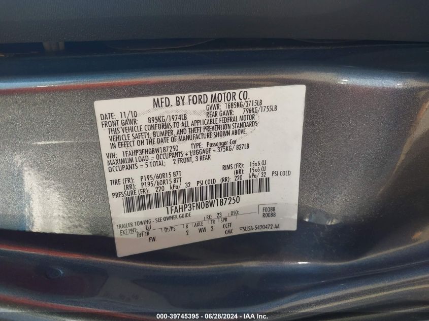 2011 Ford Focus Se VIN: 1FAHP3FN0BW187250 Lot: 39745395