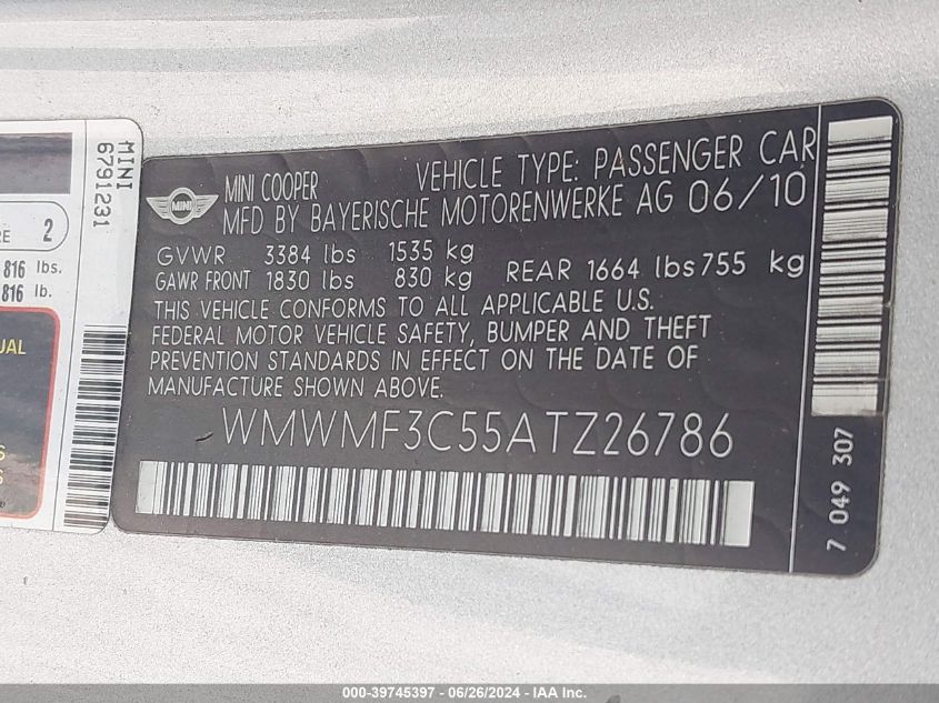 2010 Mini Cooper VIN: WMWMF3C55ATZ26786 Lot: 39745397