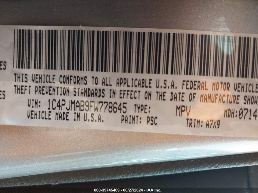 2015 Jeep Cherokee Sport VIN: 1C4PJMAB9FW778645 Lot: 39745409
