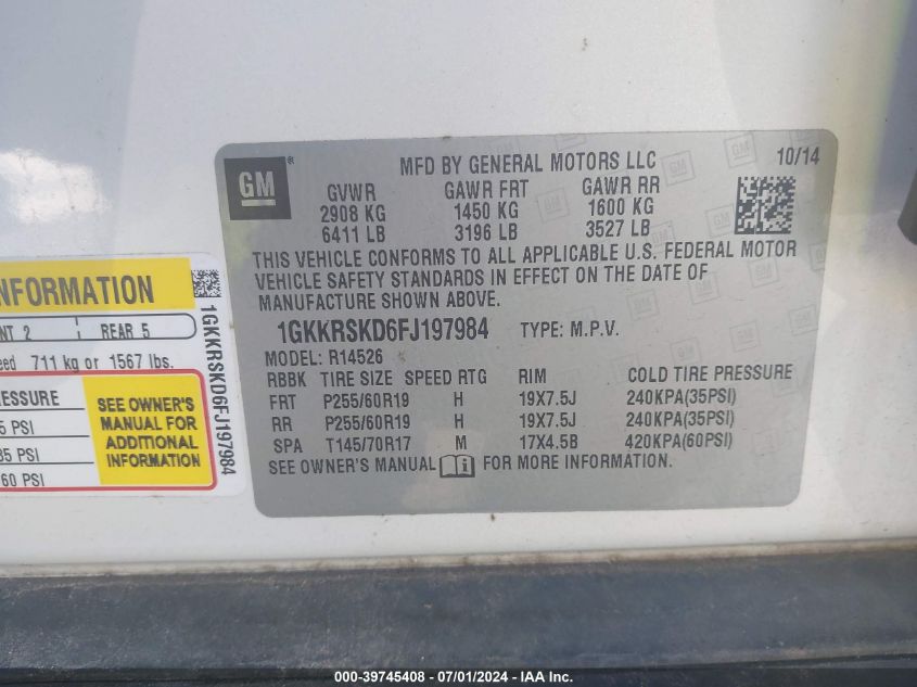 2015 GMC Acadia Slt-2 VIN: 1GKKRSKD6FJ197984 Lot: 39745408