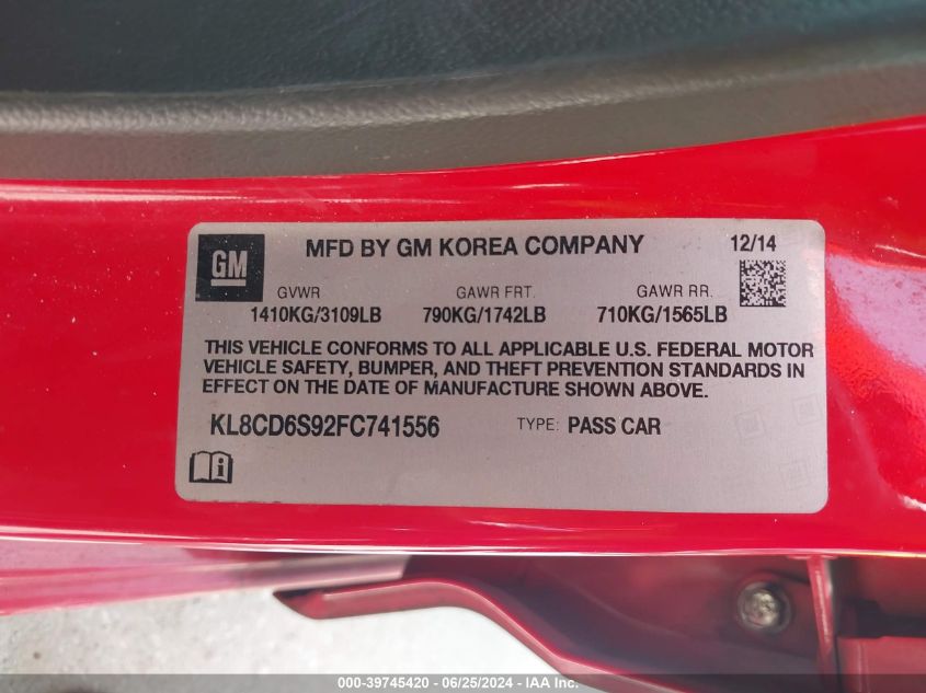 2015 Chevrolet Spark 1Lt Cvt VIN: KL8CD6S92FC741556 Lot: 39745420