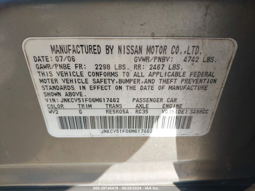 2006 Infiniti G35X VIN: JNKCV51F06M617462 Lot: 39745419