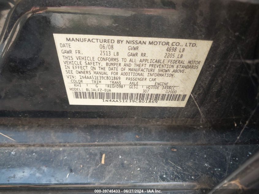 2009 Nissan Maxima 3.5 Sv VIN: 1N4AA51E39C801869 Lot: 39745433
