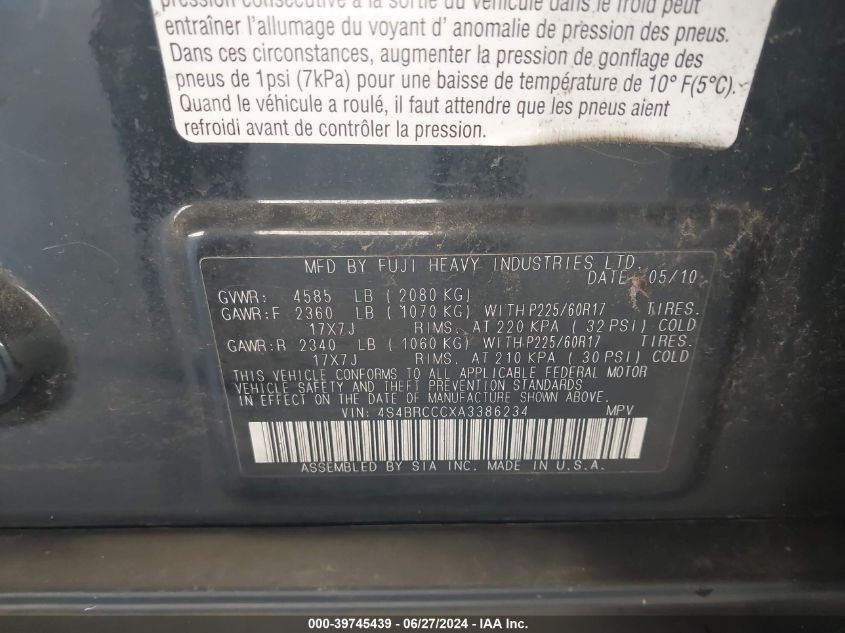 2010 Subaru Outback 2.5I Premium VIN: 4S4BRCCCXA3386234 Lot: 39745439