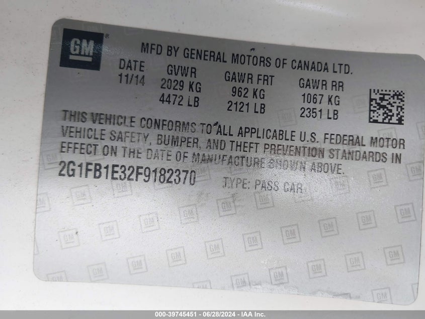 2015 Chevrolet Camaro 2Ls VIN: 2G1FB1E32F9182370 Lot: 39745451