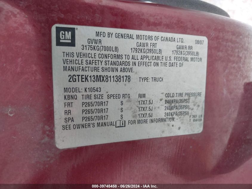 2GTEK13MX81138178 | 2008 GMC SIERRA 1500