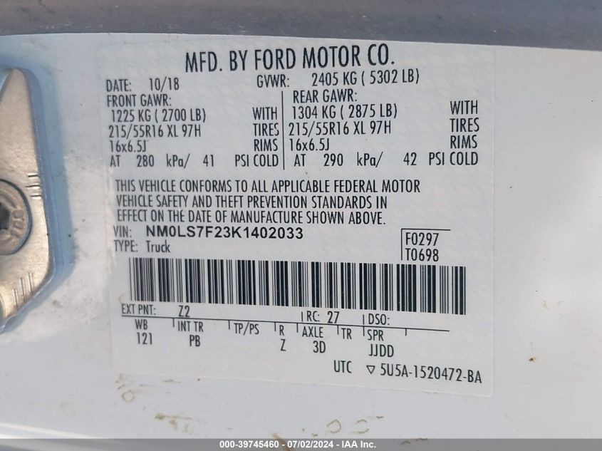 2019 Ford Transit Connect Xlt VIN: NM0LS7F23K1402033 Lot: 39745460