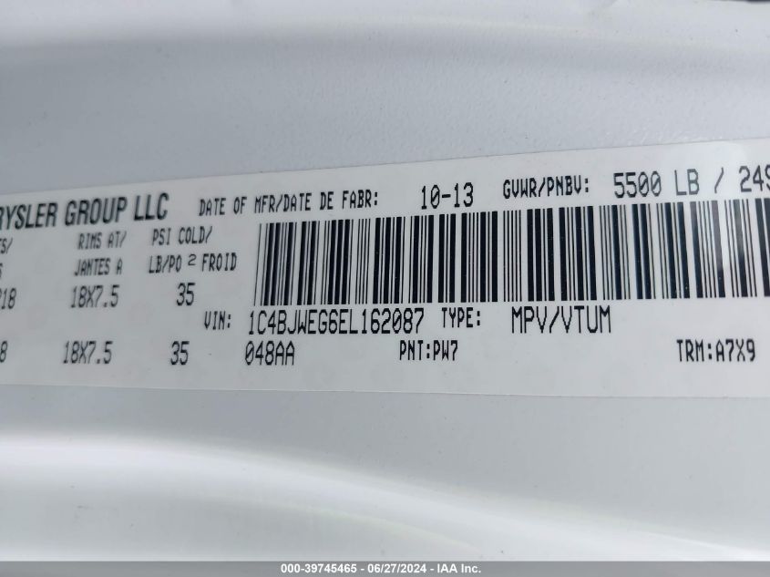 2014 Jeep Wrangler Unlimited Sahara VIN: 1C4BJWEG6EL162087 Lot: 39745465