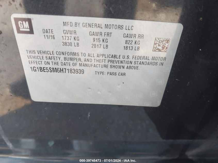 2017 Chevrolet Cruze Lt Auto VIN: 1G1BE5SM6H7183939 Lot: 39745473